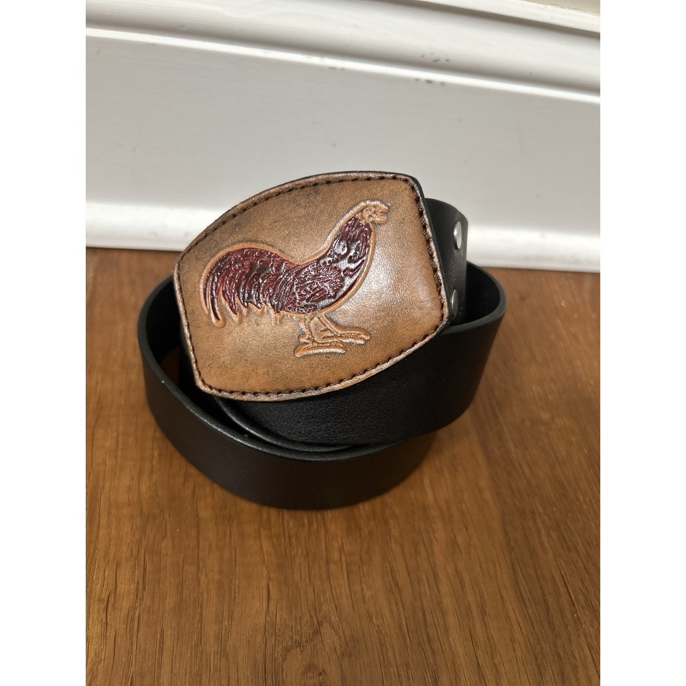 Express Italian Leather Belt ROOSTER Buckle 36" Black Vintage USA Country